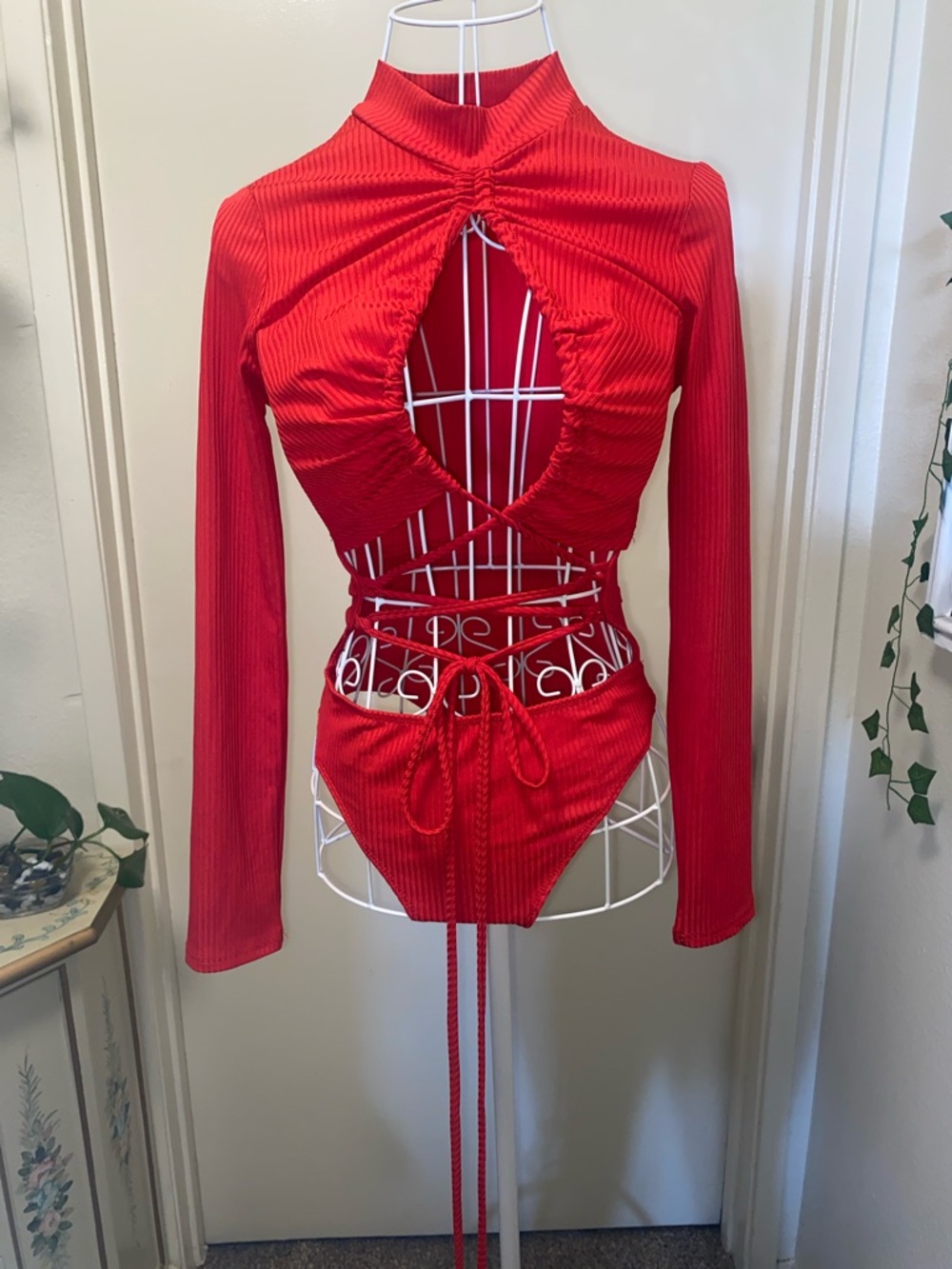 Fashion Nova Red Long Sleeve Cutout Ribbed Bodysuit